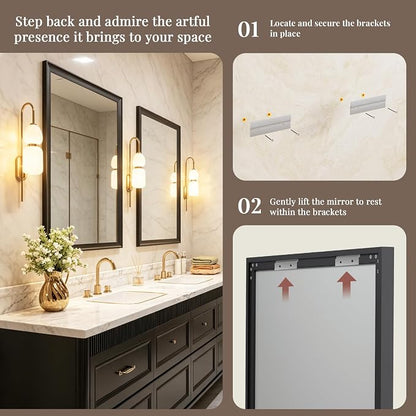 2 Pack Black Bathroom Mirrors for Over Sink 24x36 Inch | Inner Arc Aluminum Frame Rectangle Vanity Mirror Set for Double Sink, HD Tempered Glass, Anti-Rust, Horizontal or Vertical