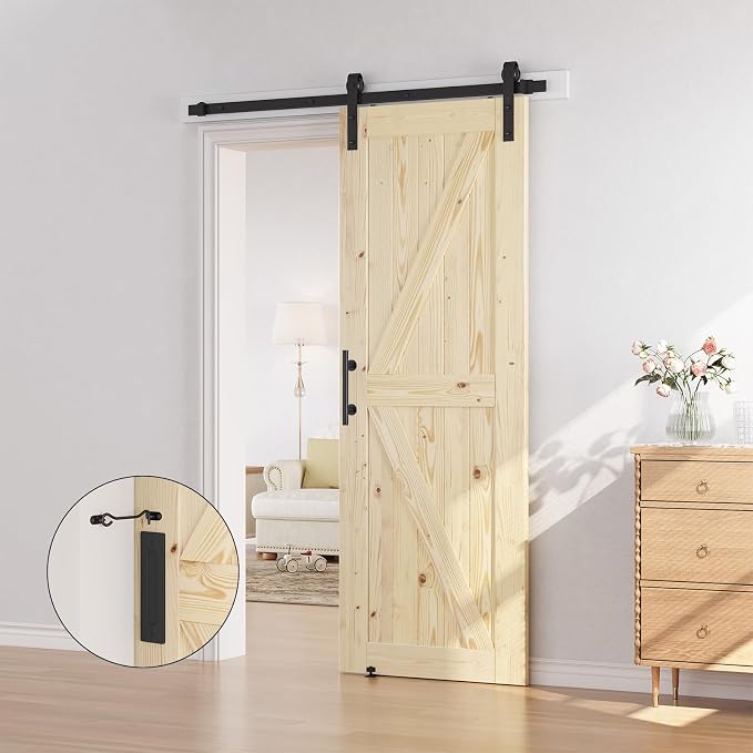 SMARTSTANDARD 32in x 84in Sliding Barn Door with 6ft Barn Door Hardware Kit Included, Unfinished Solid Spruce Wood Door, Assembly Required, DIY, Stainable, Natural | Unfinished Solid Spruce Wood Door, Assembly Required, DIY, Stainable, Natural