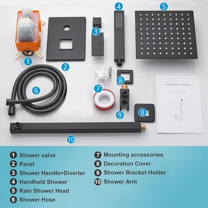 10 Inch Shower Faucet Set, Wall-Mounted Rainfall Shower System with High Pressure Handheld Shower Head, Bathroom Mixer Shower Set Wall Mounted Rough-in Valve and Trim Kit, Matte Black