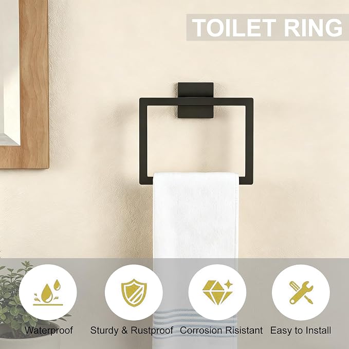 5 Pieces Bathroom Hardware Accessories Set Wall Mounted - Matte Black | 23.6 Inch Towel Rod, 304 Stainless Steel, Modern Design, Easy to Install, Sturdy and Durable, Rustproof, Bathroom Kit