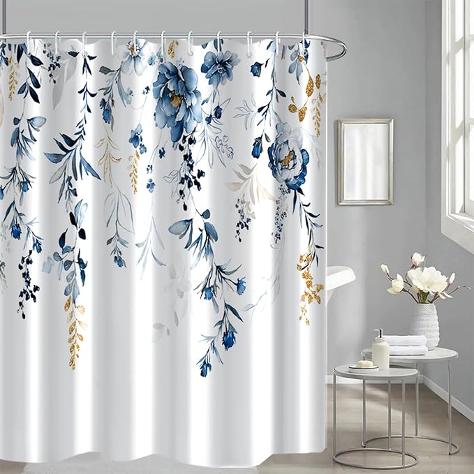 AWERT Blue Plants Shower Curtain with Hooks Watercolor Leaves Shower Curtain for Bathroom Waterproof Bathroom Accessories Bathtub Decor 60x72inch