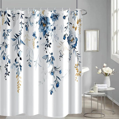 AWERT Blue Plants Shower Curtain with Hooks Watercolor Leaves Shower Curtain for Bathroom Waterproof Bathroom Accessories Bathtub Decor 60x72inch