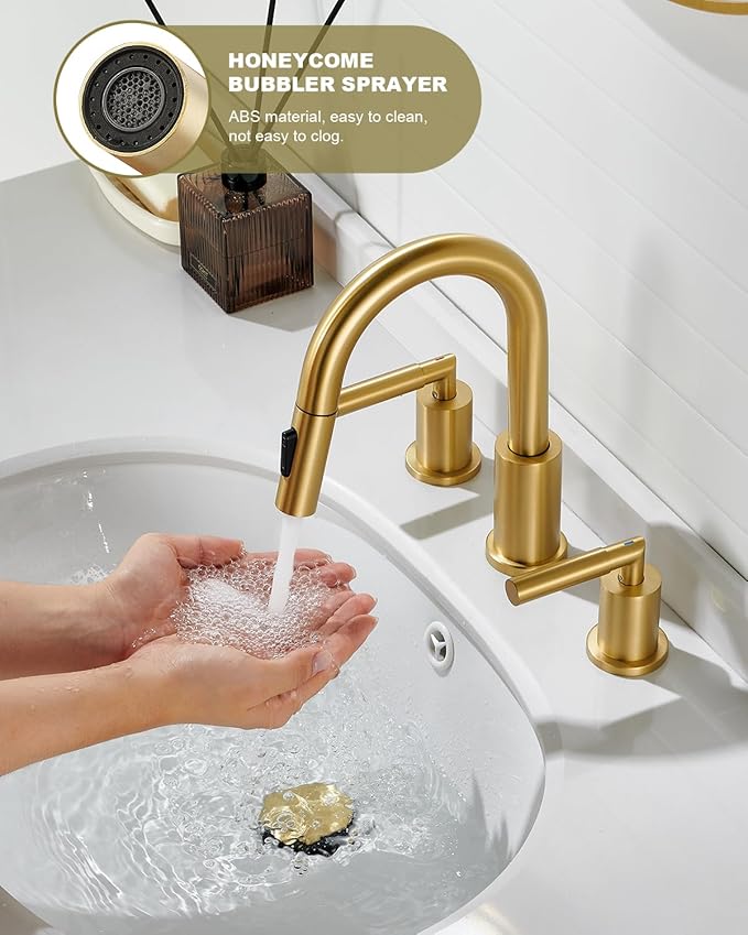 Tohlar Gold Bathroom Faucet with Sprayer, Widespread Bathroom Faucets Gold 8 Inch Basin Sink Tap 3 Holes, 2 Handle Vanity Faucet with Pull Out Sprayer Pop Up Drain Assembly Included