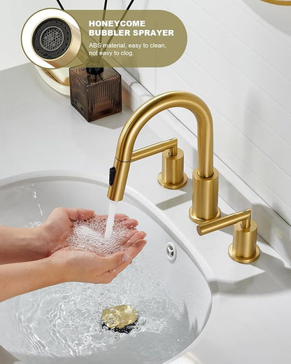 Tohlar Gold Bathroom Faucet with Sprayer, Widespread Bathroom Faucets Gold 8 Inch Basin Sink Tap 3 Holes, 2 Handle Vanity Faucet with Pull Out Sprayer Pop Up Drain Assembly Included