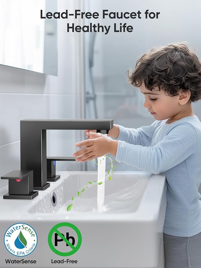 Cobbe Bathroom Faucets for Sink 3 Hole, Matte Black Bathroom Sink Faucet Square 8 inch Widespread with Pop-Up Drain, 2 Handle and 2 Supply Hoses, Lead-Free Stainless Steel for Vanity, Rv, Farmhouse