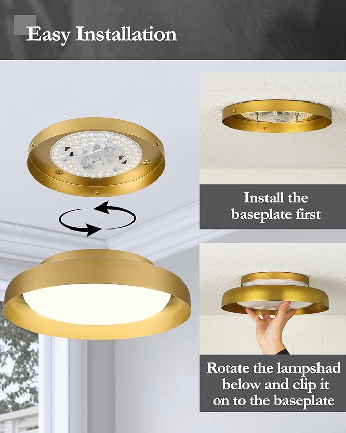 Ken & Ricky Flush Mount Ceiling Light Fixture, Led Dimmable 24w for Bedroom Kitchen Bathroom Laundry Hallway Entryway,Remote Control (Brushed Gold,12Inch,1PK)