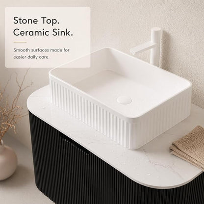 30 Inch Bathroom Vanity with Sink, Floating Wall Mounted Single Sink Vanity, Black Curved Fluted Front, Stone Top, White Textured Rectangular Vessel Basin, Pre-Assembled