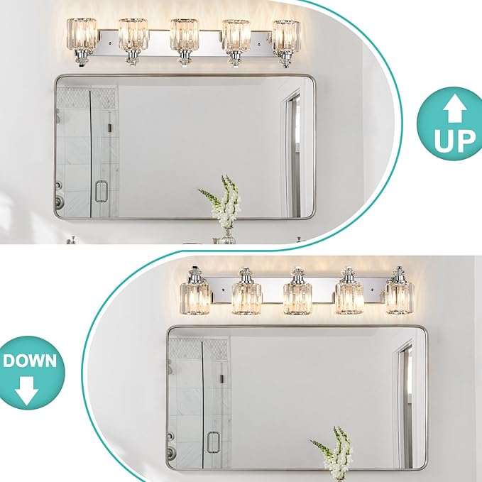 Chrome Bathroom Light Fixtures with K9 Crystal Lampshade Bathroom Lighting Over Mirror Vanity Lights for Living Room,Bedroom,Restroom,Hallway 5 Lights