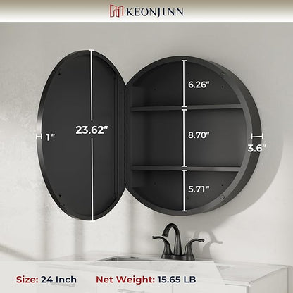 Keonjinn 24 x 24 In Round Medicine Cabinets for Bathroom, Black Mirror Surface Mount Medicine Cabinet, Circle Black Medicine Cabinet with Mirror, Adjustable Shelves Framed Bathroom Mirror with Storage