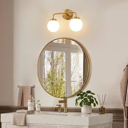 Modern Brushed Gold Vanity Lights for Bathroom, Mid Century 2 Light Bathroom Vanity Light with Globe Milky White Glass Shade Over Mirror, Brass Wall Sconce for Bathroom Hallway Living Room Bedroom