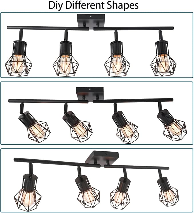Track Lighting Fixtures Ceiling，Industrial Black Kitchen Track Lighting for Kitchen, Living Room, Dining Room, Hallway（E26 | Matte black metal build, adjustable heads, easy ceiling mount. E26 socket fits bulbs for industrial farmhouse indoor spaces