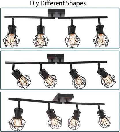 Track Lighting Fixtures Ceiling，Industrial Black Kitchen Track Lighting for Kitchen, Living Room, Dining Room, Hallway（E26 | Matte black metal build, adjustable heads, easy ceiling mount. E26 socket fits bulbs for industrial farmhouse indoor spaces