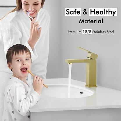 KES Brushed Gold Bathroom Faucet Single Hole Modern Vanity Faucet Single Handle Bathroom Sink Faucet Stainless Steel, L3156ALFF12-BZ