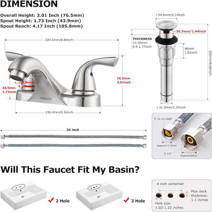 Brushed Nickel Bathroom Faucet 4 Inch Centerset for Lavatory Sink | Mid Arc, 2 Handle Lead-Free RV Bathroom Faucet with Metal Pop Up Drain Supply Lines, for 2 or 3 Hole Lavatory Utility Sink