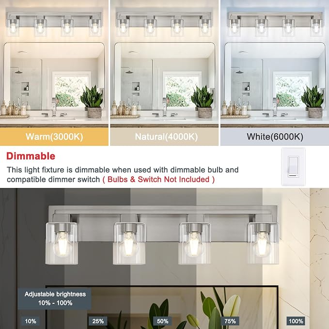 4-Light Brushed Nickel Bathroom Light Fixtures, with Clear Glass Shade | 29.5 Inch Bathroom Lighting Fixtures Over Mirror, Modern Wall Light, bathroom vanity light E26 Socket, ETL