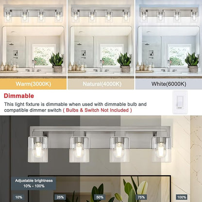 4-Light Brushed Nickel Bathroom Light Fixtures, with Clear Glass Shade | 29.5 Inch Bathroom Lighting Fixtures Over Mirror, Modern Wall Light, bathroom vanity light E26 Socket, ETL