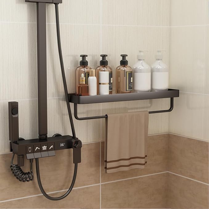 20 Inch Long Floating Bathroom Shelf with Towel Bar, Clear Tempered Glass Wall Shelf for Bathroom Storage Organizer, Matte Black