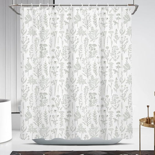 Coxila Vintage Floral Shower Curtain Sage Green and White Flower Retro Cute Rustic Country Spring Summer Fun Boho Plant Botanical Leaf Greenery Bathroom 60 x 72 Inch Polyester Fabric 12 Pack Hooks