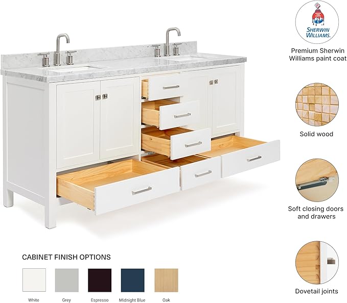 DKB Beckford 72 Inch Bathroom Vanity Double Sink — White Bathroom Vanity with Sink, 1.5" Edge Italian Carrara Marble Countertop & Backsplash, 4 Soft-Close Doors, 6 Dovetail Drawers