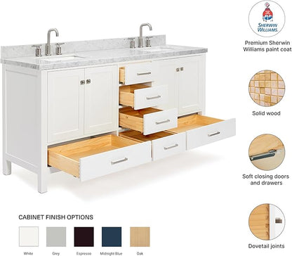 DKB Beckford 72 Inch Bathroom Vanity Double Sink — White Bathroom Vanity with Sink, 1.5" Edge Italian Carrara Marble Countertop & Backsplash, 4 Soft-Close Doors, 6 Dovetail Drawers