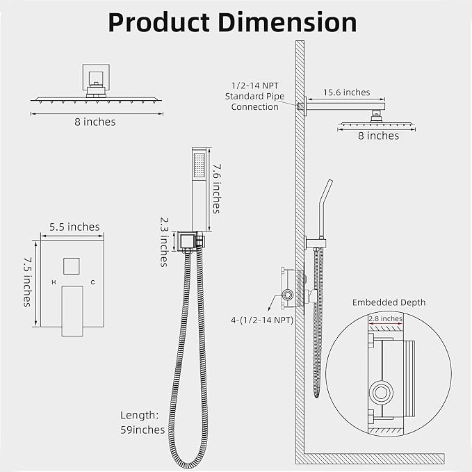 Shower Faucet Set With 8" Shower Head And Handheld Chrome | Wall Mounted Shower System Valve Include 2 Function