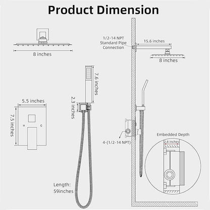 Shower Faucet Set With 8" Shower Head And Handheld Chrome | Wall Mounted Shower System Valve Include 2 Function
