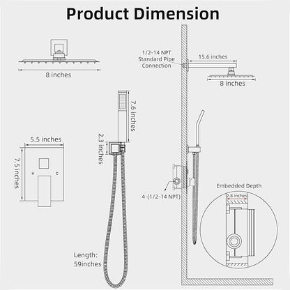 Shower Faucet Set With 8" Shower Head And Handheld Black | Wall Mounted Shower System Valve Include 2 Function