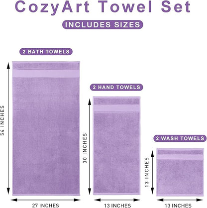 COZYART Bath Towel Set 6 PCS, Luxury Lavender 100% Turkish Cotton 650GSM | Soft Absorbent Quick Dry, OEKO‑Tex 100 Cert. Zero Twist Ring Spun Cotton, Plush Fluffy, Breathable Hotel Quality Towels Set