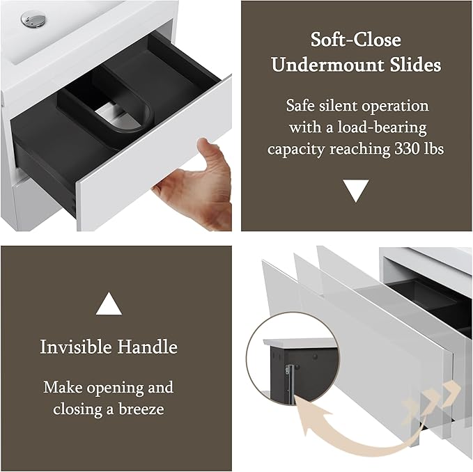 Modern 24" Floating Bathroom Vanity with Sink | Advanced Wall-Mounted Cabinet, Resin Top Basin, Soft Close Drawers | Easy to Install Glossy White