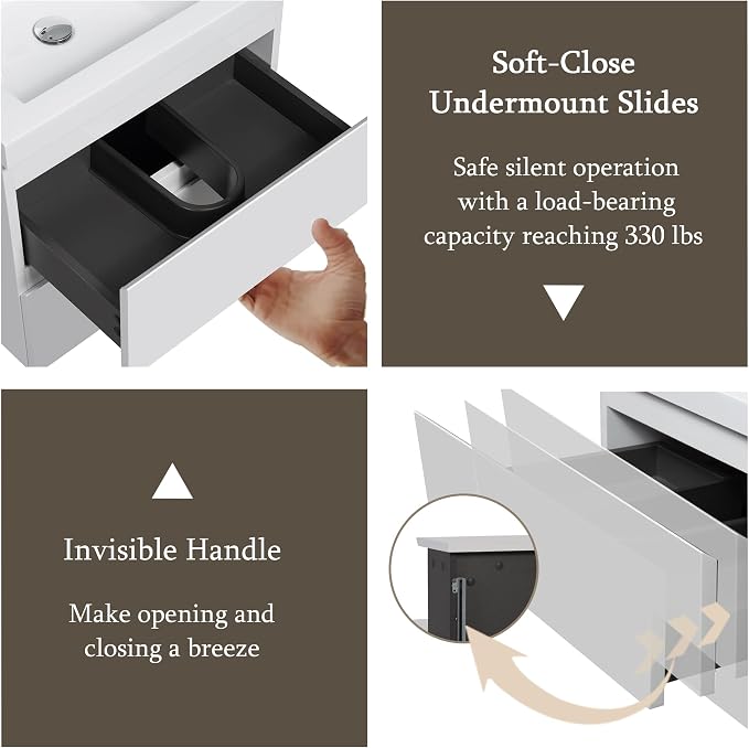 30 Inch Floating Bathroom Vanity with Sink, Large Storage Wall Mounted Floating Vanity with Soft Close Drawers, One-Piece Basin Bathroom Sink Cabinet (Glossy White, 30")