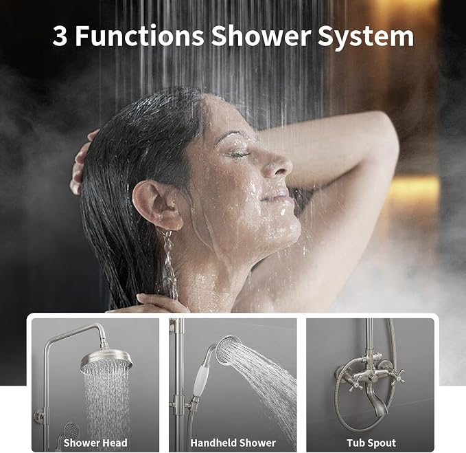 Exposed Shower System,Outdoor Shower Kit,Brushed Nickel | 8 Inch Rain Shower Head Sprayers,Handheld Shower Head & Tub Spout,Solid Brass,Dual Handle,High Pressure,Wall Mounted