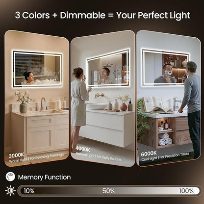 40x32 LED Bathroom Mirror with Anti-Fog, Backlit & Front Lit, Memory | Stepless Dimmable 3 Color CRI 95+ Shatterproof Tempered Glass ETL Listed for Safety Lighted Bathroom Vanity Mirror for Wall