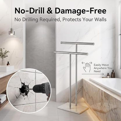 Double T Free Standing Towel Rack, Telescoping Marble Towel Stand | Expandable dual T-bar towel holder for bathroom with heavy marble base, adjustable height rustproof floor stand for pool
