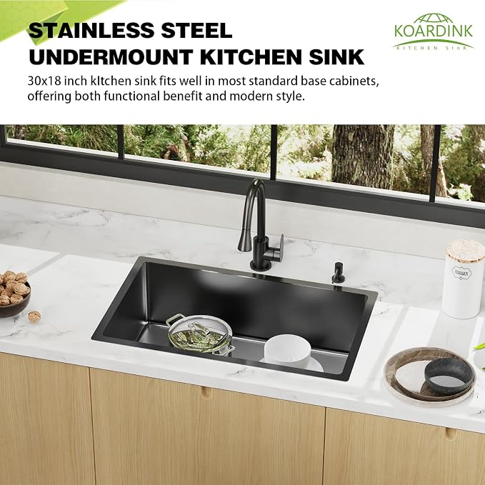 Black Kitchen Sink, 30x18 Inch Stainless Steel Undermount Modern Single Bowl Kitchen Sink Combo-Silicon Mat,Drain Strainer Set Offering Large Basin And Compatibility With Various Kitchen&Bar Style