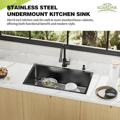 Black Kitchen Sink, 30x18 Inch Stainless Steel Undermount Modern Single Bowl Kitchen Sink Combo-Silicon Mat,Drain Strainer Set Offering Large Basin And Compatibility With Various Kitchen&Bar Style