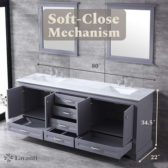 Lavanti Dumiat 80 Inch Bathroom Vanity with Sink – Stylish Gray Vanity Bathroom with Storage Cabinet – Modern Bathroom Vanities with Double Vanity Sink & Carrara Marble Countertop