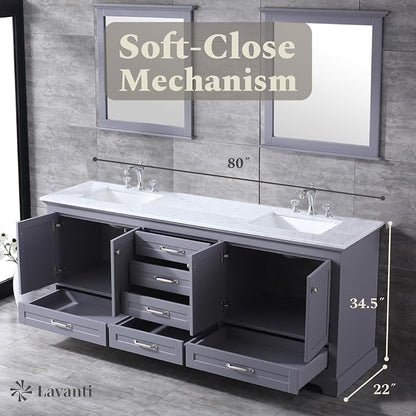 Lavanti Dumiat 80 Inch Bathroom Vanity with Sink – Stylish Gray Vanity Bathroom with Storage Cabinet – Modern Bathroom Vanities with Double Vanity Sink & Carrara Marble Countertop