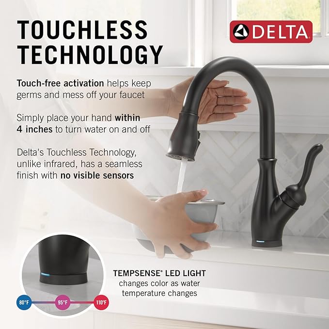 Delta Faucet Leland Touch Kitchen Faucet with Touchless Technology, Kitchen Faucet with Pull Down Sprayer, Black Kitchen Sink Faucet, Touchless Kitchen Faucet, Matte Black 9178TL-BL-DST
