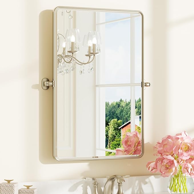 Keonjinn 24x36 Inch Brushed Nickel Povit Mirror for Bathroom, Tilt Mirror | Tenmpered Glass, Rectangle, Adjustable Bathroom Mirrors for Over Sink, Farmhouse, Metal Framed, Horizontal/Vertical