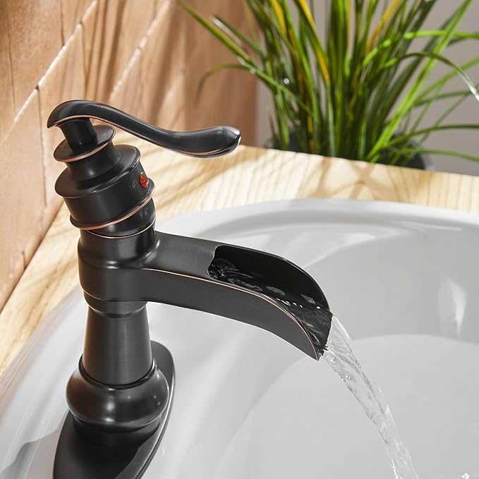 BWE Bathroom Sink Faucet Oil Rubbed Bronze Waterfall Bathroom Faucets for Sink 1 Hole Single with Pop Up Drain Assembly and Supply Hose Single Handle Farmhouse Vanity Bath Faucet