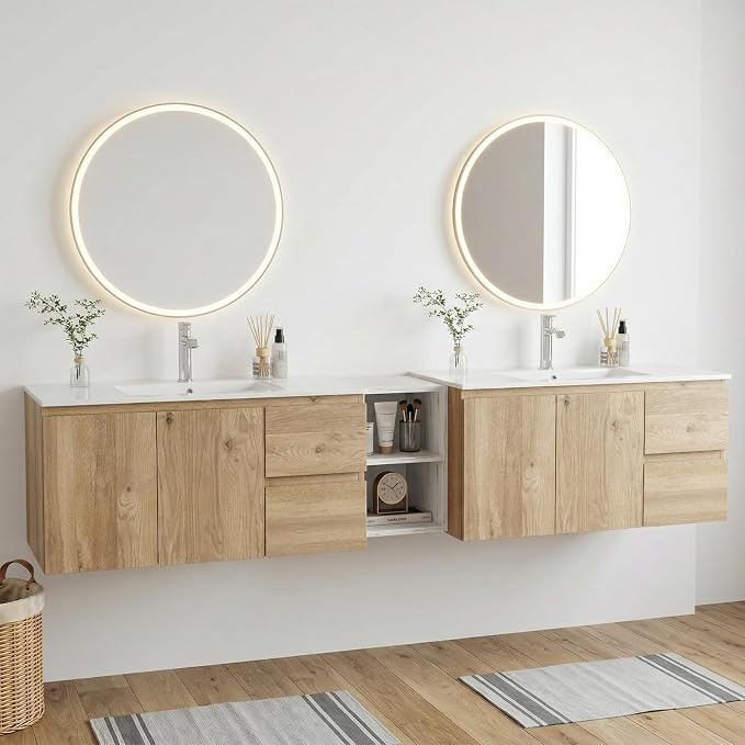 84" Modern Floating Double Sink Bathroom Vanity, Wall Mounted Bathroom Cabinet with U-Shaped Drawers, Beveled Invisible Handles Open Side Shelf, FSC Certified Wood Veneer (White, 84 lnch)