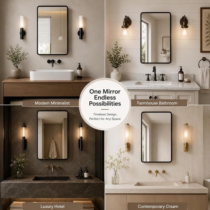 16x24 Medicine Cabinet with Mirror, Black Metal, Recessed or Surface Mount | 3 adjustable metal shelves, soft-close reversible door, 95% assembled; cutout 13.78"W x 19.1"H x 3.86"D