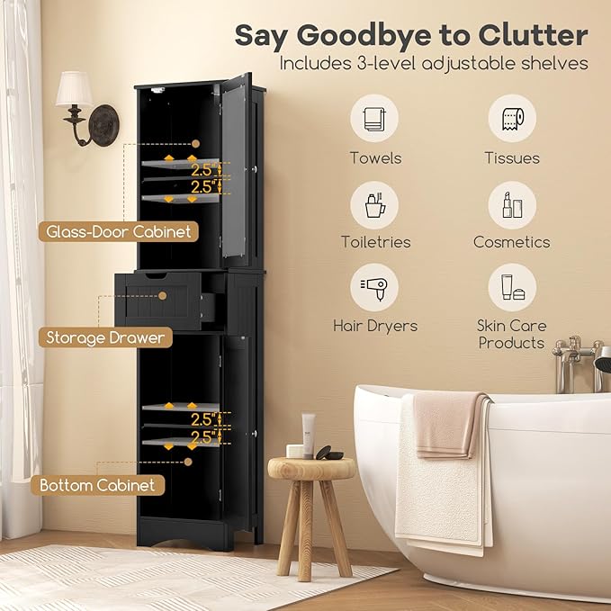 COSTWAY 67” Tall Bathroom Storage Cabinet, Freestanding Floor Cabinet with 2 Doors & 1 Drawer, 3-Level Adjustable Shelves, Narrow Slim Linen Tower for Bathroom, Living Room, Kitchen (Black)