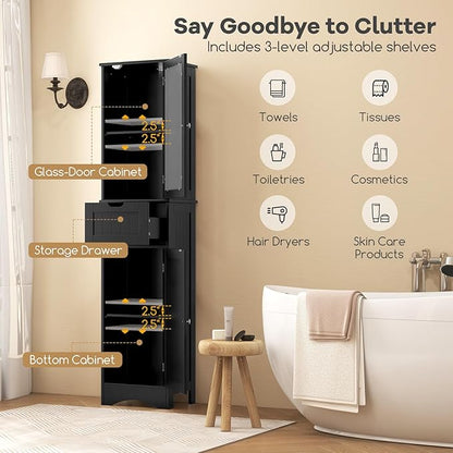 COSTWAY 67” Tall Bathroom Storage Cabinet, Freestanding Floor Cabinet with 2 Doors & 1 Drawer, 3-Level Adjustable Shelves, Narrow Slim Linen Tower for Bathroom, Living Room, Kitchen (Black)