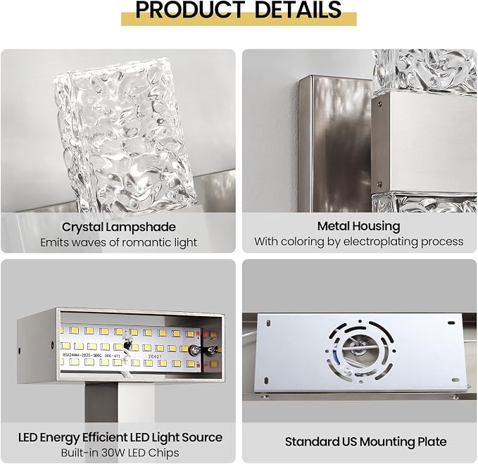 Epinl Brushed Nickel 4-Light Bathroom Vanity Lights, 4000K Modern Bathroom Lighting Fixtures Over Mirror, 28" LED Crystal Bathroom Light Fixtures Hardwired Wall Sconces for Bathroom Living Room