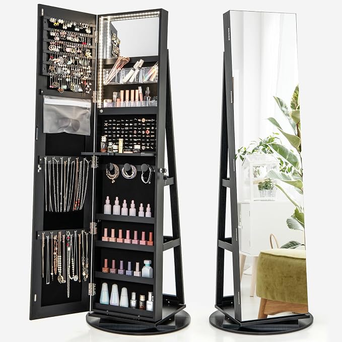 MAT EXPERT 360° Rotating Jewelry Armoire, Lockable Freestanding Jewelry Organizer w/Full-length Mirror, 3-Color LED Lights, Rear Storage Shelves, Mirror Jewelry Cabinet for Bedroom (Black)