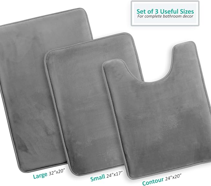 Clara Clark 3 Piece Bathroom Rugs, Velvet Memory Foam Bath Mat Set, Non-Slip Bath Rugs, Machine Wash, Dries Quickly, Ultra Soft Plush Bath Mats for Bathroom, 17 x 24/20 x 32 / Contour, Grey
