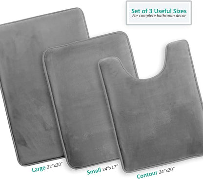 Clara Clark 3 Piece Bathroom Rugs, Velvet Memory Foam Bath Mat Set, Non-Slip Bath Rugs, Machine Wash, Dries Quickly, Ultra Soft Plush Bath Mats for Bathroom, 17 x 24/20 x 32 / Contour, Grey