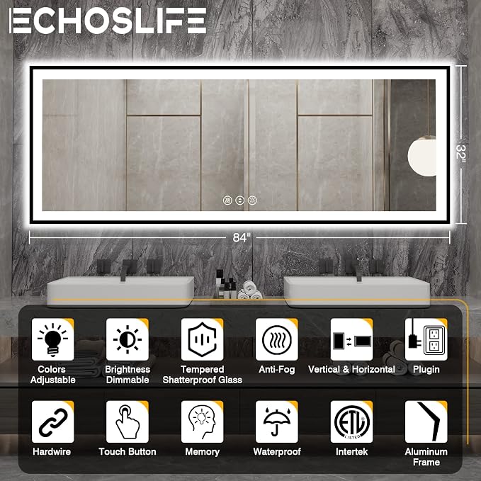 EchosLife 84x32 Large LED Bathroom Mirror - Black Aluminum Framed | Black Frame, Front and Backlit, Anti-Fog, Stepless Dimmable, 3 Colors, Memory, Tempered Glass, UL Listed, Horizontal/Vertical
