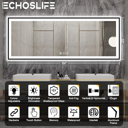 EchosLife 84x32 Large LED Bathroom Mirror - Black Aluminum Framed | Black Frame, Front and Backlit, Anti-Fog, Stepless Dimmable, 3 Colors, Memory, Tempered Glass, UL Listed, Horizontal/Vertical